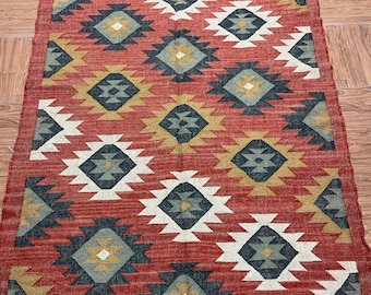 Mehrfarbiger Kelim Teppich, Handgewebter Teppich Wollteppich, Kilim Jute Teppich, Flachgewebe Teppich, Boho Teppich, Indischer Dhurrie Teppich