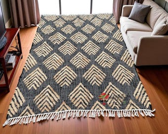 Handgewebter Jute-Baumwoll-Teppich, Boho-geometrischer schwarzer Natur-Teppich