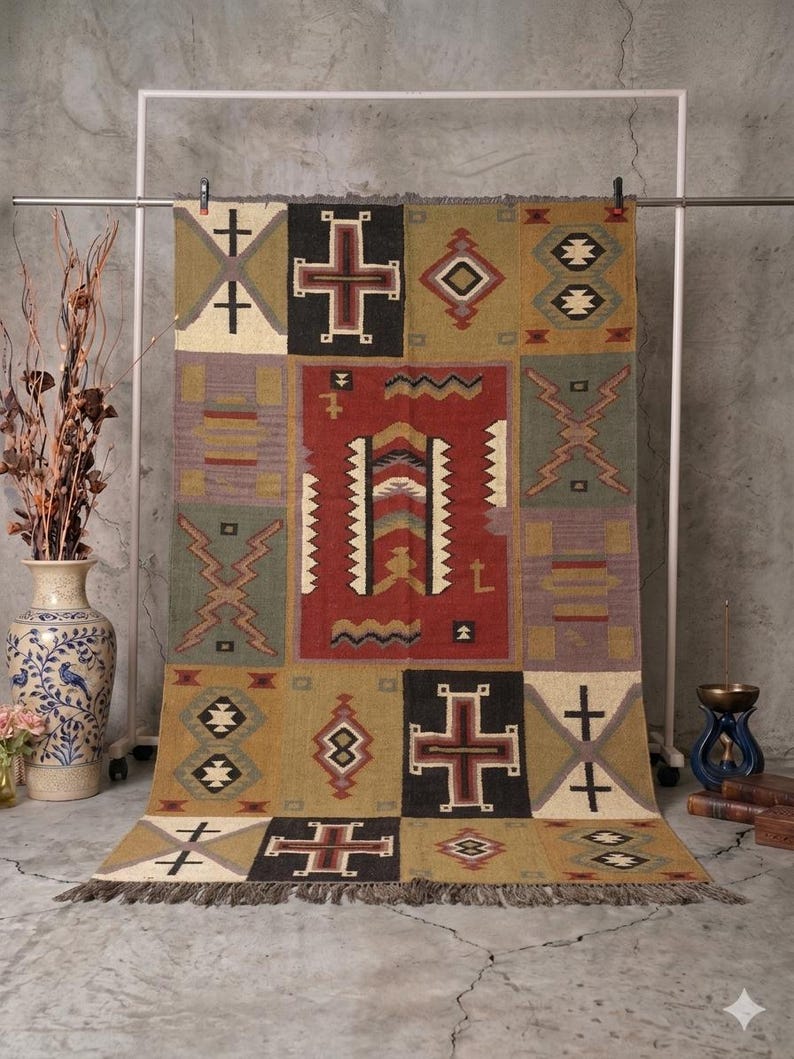 May include: A rectangular, patterned rug with a patchwork design. The rug features geometric shapes, crosses, and diamond patterns in shades of red, brown, green, and beige. It has a fringed edge.