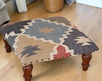 Handmade Kilim Ottoman Footstool - Upholstered Wooden Pouf from India, Boho Tribal Accent Bench, Durable Tribal Seat Cushion
