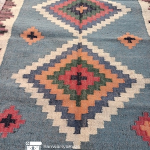 Kilim Rug, Handwoven, Wool and Jute Rug Handmade, Kilim Dhurrie Rug, Traditional Indian/WOOL JUTE RUGS