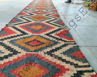 Kilim runner Handwoven Wool  Jute Rug Handmade Kilim Dhurrie Rug, Motifs Oriental Traditional Indian Geometric  Turkish Home decor