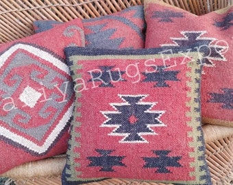4 Set of Vintage Kilim Pillow, Home Decor, Handwoven Turkish Kilim Pillow, Bohemian Pillow, Decorative Throw Pillow, Kilim Cushion Cover