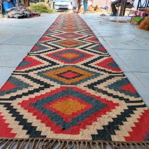 Handwoven Wool Jute Kilim Runner, Oriental Indian Geometric Dhurrie Rug