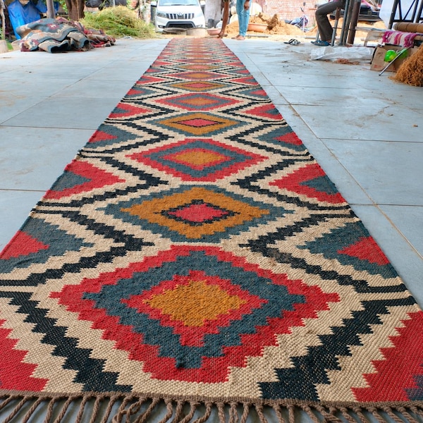 Handwoven Wool Jute Kilim Runner, Oriental Indian Geometric Dhurrie Rug