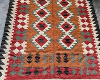 Handwoven Wool Jute Kilim Rug, Boho Tribal Geometric Area Rug, Rustic Farmhouse Decor