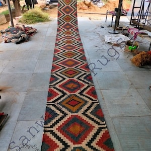 Kilim runner alfombra de yute de lana tejida a mano alfombra Kilim Dhurrie hecha a mano, motivos orientales tradicionales indios geométricos turcos decoración del hogar imagen 4