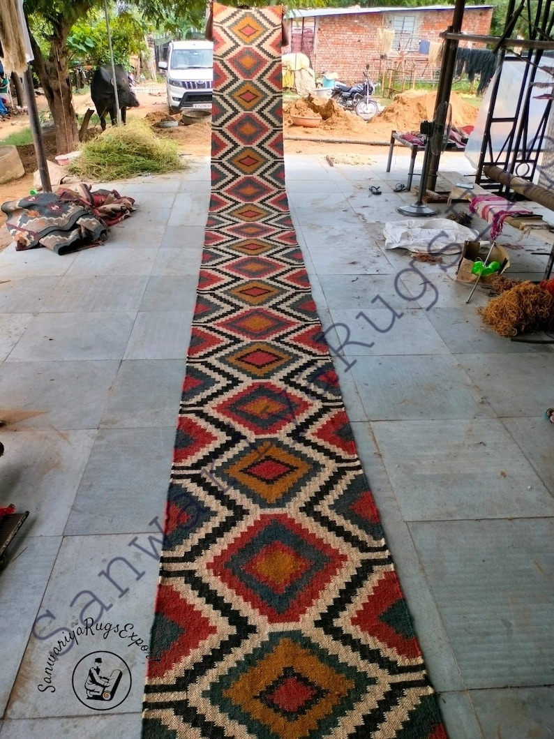 Kilim runner alfombra de yute de lana tejida a mano alfombra Kilim Dhurrie hecha a mano, motivos orientales tradicionales indios geométricos turcos decoración del hogar imagen 4