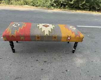 Handmade Wool Jute Kilim Bench, Upholstered Ottoman, Turkish Style Furniture