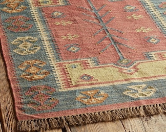 Handgemaakte grote kelim tapijt, handgeweven, wol en jute tapijt handgemaakt, kilim dhurrie tapijt, motieven, oosters, traditioneel Indiaas, geometrisch, Turks