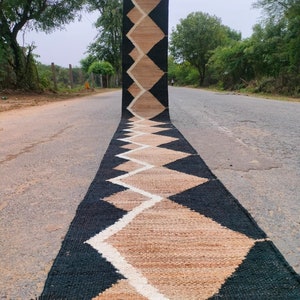 Handmade Natural Hemp Jute Stair Runner in White & Black Pattern, Custom Size Available, Durable Eco-Friendly Floor Runner