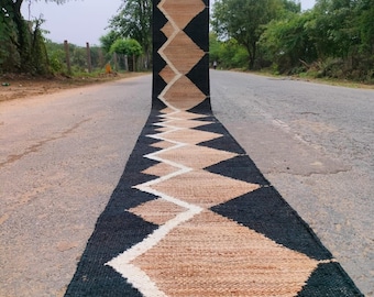 Handwoven Jute Stair Runner, Black White Diamond Pattern, Eco-Friendly Floor Runner