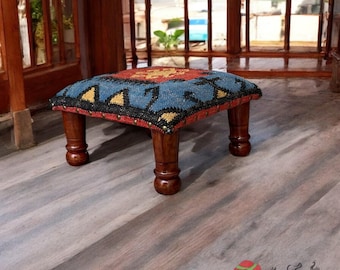 Handwoven Kilim Ottoman Footstool – Boho Tribal Wooden Pouf, India Accent Bench