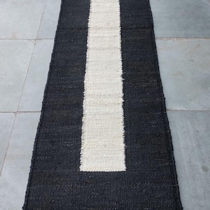 Black White hemp Jute Runner Rug | Minimalist Hallway Runner | Handmade Natural Fiber Rug | Farmhouse Entryway Carpet | Neutral Floor Runner