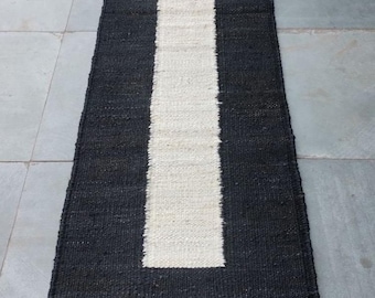 Black White hemp Jute Runner Rug | Minimalist Hallway Runner | Handmade Natural Fiber Rug | Farmhouse Entryway Carpet | Neutral Floor Runner