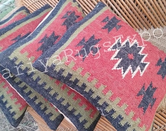 4 Set of Vintage Kilim Pillow, Home Decor, Handwoven Turkish Kilim Pillow, Bohemian Pillow, Decorative Throw Pillow, Kilim Cushion Cover