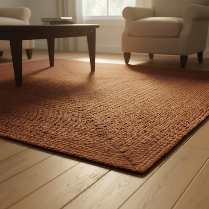May include: A rectangular, woven, rust-coloured rug with a textured surface. The rug is placed on a wooden floor, with a dark brown coffee table and two beige armchairs in the background. The rug's dimensions are approximately 152 cm by 213 cm.