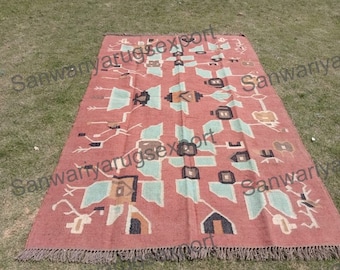 Handmade KILIM Rug, Multicolor; Jute Rug; Kilim Dhurrie; traditional Indian; Chic, Victorian, Hipster; Custom Sizes FREE SHIPPIING