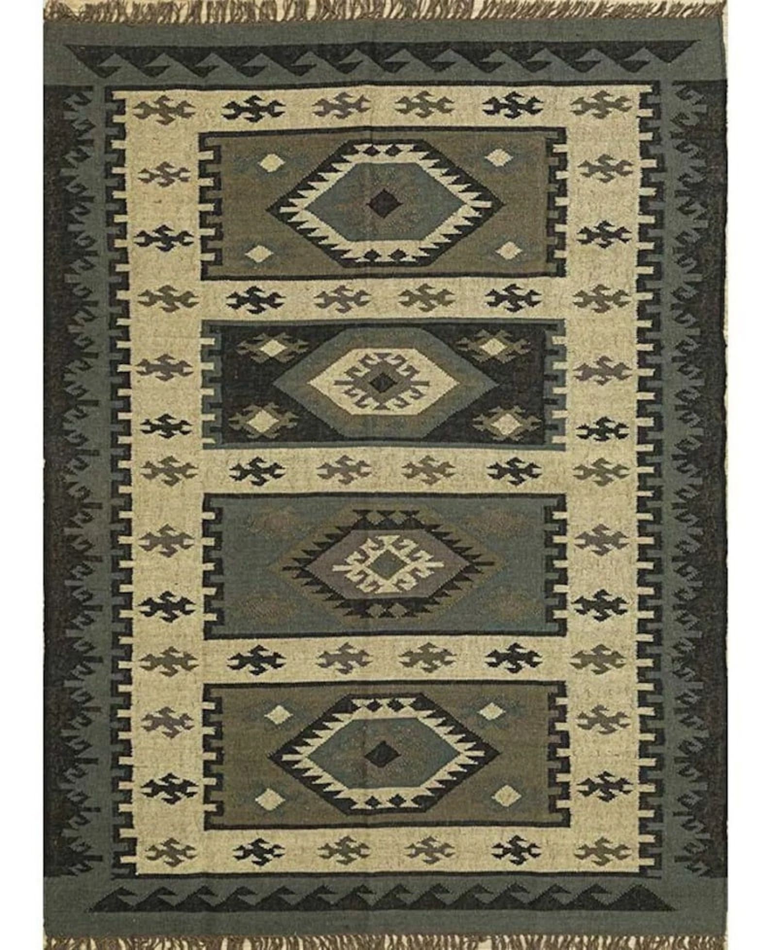 Handmade Large Kilim Rug, Handwoven, Wool and Jute Rug Handmade, Kilim Dhurrie Rug, Motifs, Oriental, Traditional Indian, Geometric, Turkish