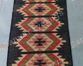 Handwoven Wool Jute Kilim Rug: Bohemian Dhurrie Flatweave