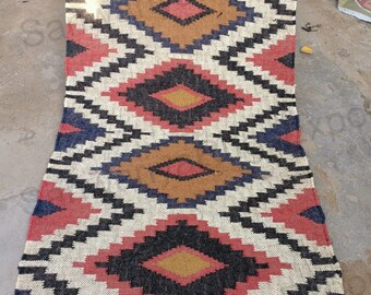 Kilim Runner Rug: Embroidered Wool Jute Blend, Red Geometric Design