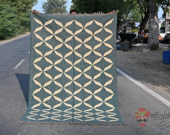 Alfombra Kilim de yute y lana tejida a mano, estilo bohemio, de tejido plano geométrico azul, ecológica y hecha a mano.