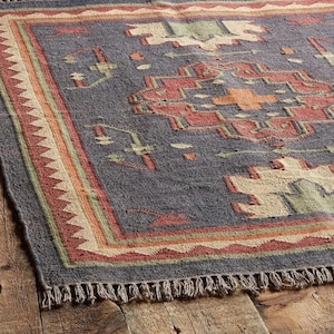 Alfombra Kilim Dhurrie de lana y yute tejida a mano, alfombra tradicional india, decoración de suelo duradera y hecha a mano, alfombra con acento bohemio.