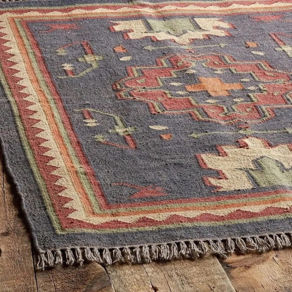 Kilim Rug, Handwoven, Wool and Jute Rug Handmade, Kilim Dhurrie Rug, Traditional Indian jute Area rug
