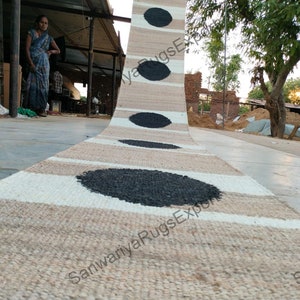 Natural  white and black circle Jute  Runner rug Eco Friendly Pure Vegan,Hemp jute Runner,Stair Runner,Custome size available,stair  runner