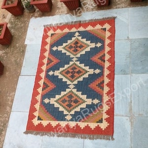 Handmade wooven red border with multi color wool jute kilim rugs,4x6 ft wool jute rug, custom size rug runner, Xmas gift rug