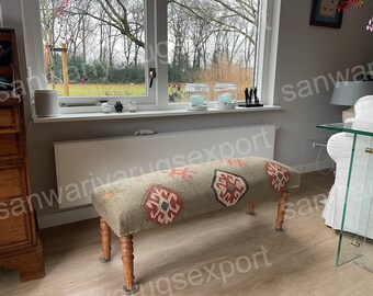 Kilim Bench wood work bench, ottoman bench, handmade furniture, kitchen chair, piano bench, dining bench, sitting bench, turkish rug bench