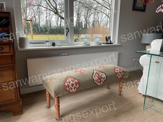 Kilim Bench wood work bench, ottoman bench, handmade furniture, kitchen chair, piano bench, dining bench, sitting bench, turkish rug bench