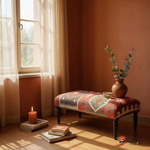 Handmade Kilim Rug Ottoman Bench, Upholstered Wool Jute Footstool, Rustic Entryway Decor, Ethnic Kilim Stool