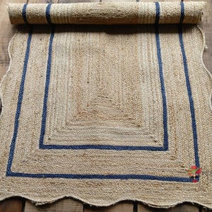 Scalloped Jute Rug with navy blue border line ,  Natural Jute Rug, Handbraided Rug, Jute Area Rug, Handwoven Jute Rug, Custom Size Rug