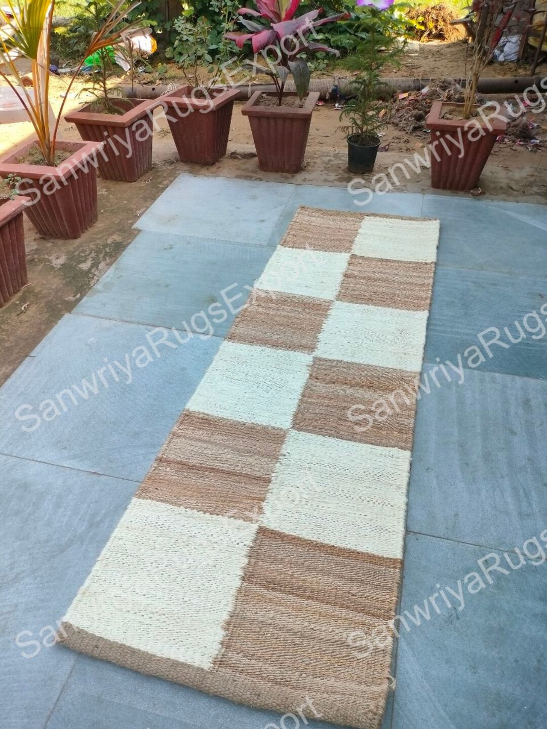 Jute Runner Rug White Natural Box Jute Pattern Suitable for Stair , Eco ...