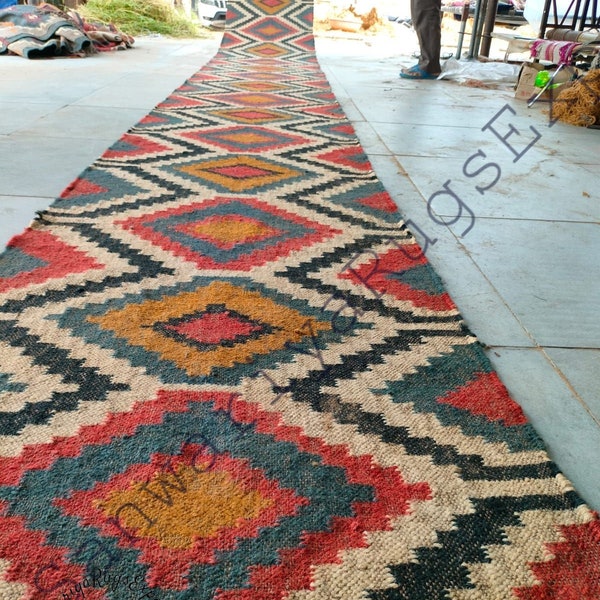 Kilim runner alfombra de yute de lana tejida a mano alfombra Kilim Dhurrie hecha a mano, motivos orientales tradicionales indios geométricos turcos decoración del hogar