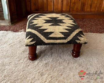 Kilim Foot Stool, Handmade Boho Tribal Ottoman, Indian Kilim Upholstered Wooden Pouf