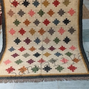 Kilim Rug, Handwoven, Wool and Jute Rug Handmade, Kilim Dhurrie Rug, Motifs, Oriental, Traditional Indian, Geometric, Turkish