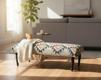 Kelimbank Ottomanen, handgemaakte voetenbank, gestoffeerde accentbank, boerderijdecor, boho chic meubilair, Turkse kelim zitbank