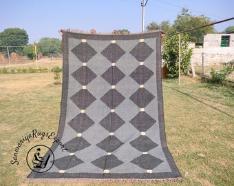 Alfombra Kilim grande hecha a mano, tejida a mano, de lana y yute, Kilim Dhurrie, motivos orientales, tradicionales indios, geométricos y turcos.
