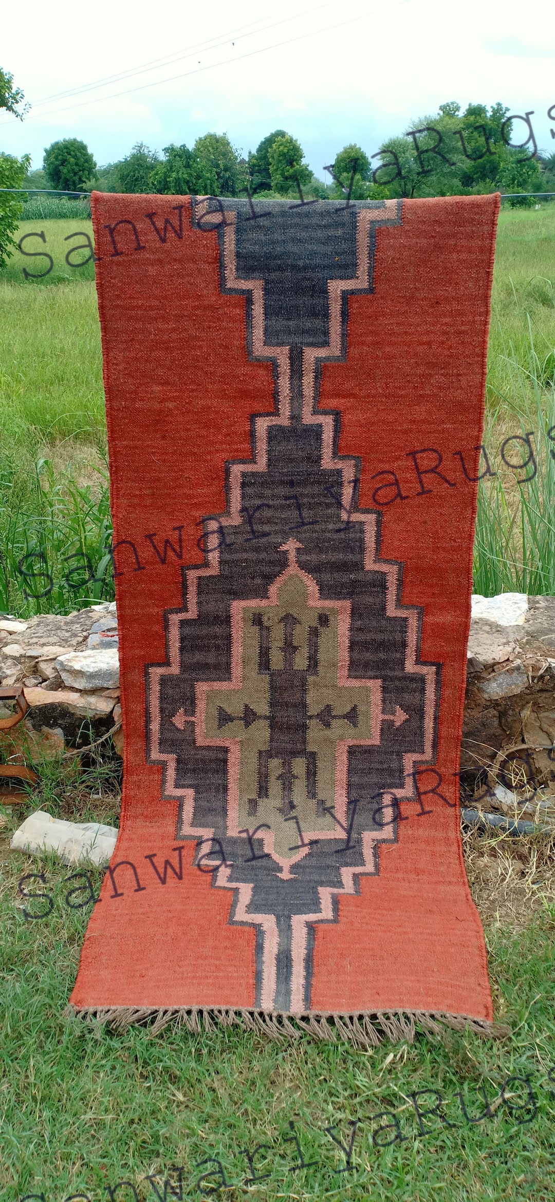 Red Kilim Rug Runner: Handwoven Wool Jute, Geometric Indian Design - Etsy