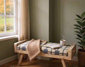 Wooden Folding Kilim Rug Bench | Boho Entryway Bench | Turkish Kilim Ottoman | Rustic Bohemian Furniture | Handmade Green Rug Bench