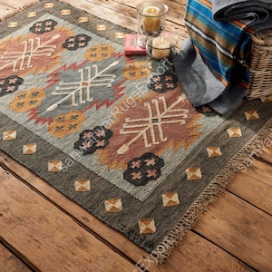 Handwoven Kilim Rug, Wool and Jute Dhurrie, Vintage Geometric Motifs, Oriental Tribal Rug, Moroccan, Indian, Bohemian Style, Area Rug