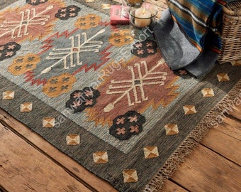 Handwoven Kilim Rug, Wool and Jute Dhurrie, Vintage Geometric Motifs, Oriental Tribal Rug, Moroccan, Indian, Bohemian Style, Area Rug