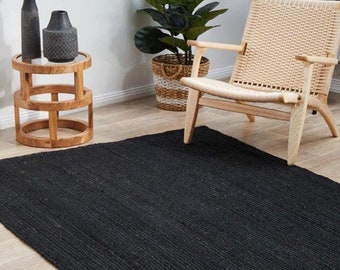 Alfombra de área de yute negro trenzado Alfombra / Estera de yoga de fibra natural / Felpudo boho / Alfombra turca / Alfombra de sala de estar / Alfombra vintage / Alfombra de yute rectangular