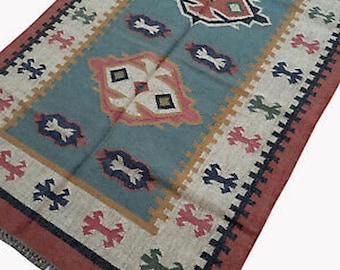 Handwoven Wool Jute Kilim Rug: Traditional Indian Dhurrie