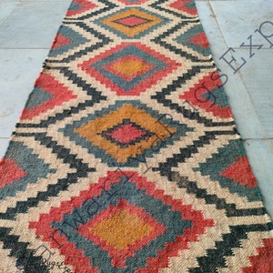 Kilim runner alfombra de yute de lana tejida a mano alfombra Kilim Dhurrie hecha a mano, motivos orientales tradicionales indios geométricos turcos decoración del hogar imagen 5