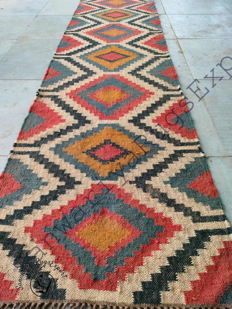 Kilim runner alfombra de yute de lana tejida a mano alfombra Kilim Dhurrie hecha a mano, motivos orientales tradicionales indios geométricos turcos decoración del hogar imagen 5