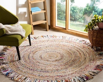 Runder Boho-Teppich aus recycelter Chindi-Baumwolle und Jute mit Quaste, 90 cm/120 cm/150 cm, umweltfreundliches Wohnen, große runde Baumwollteppiche