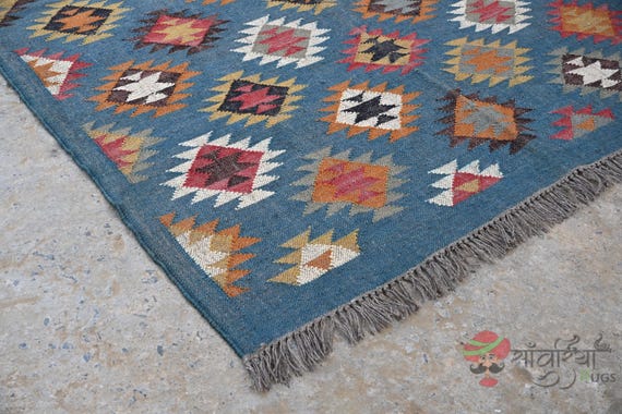 Handwoven Wool Kilim Area Rug, Blue Multicolor Geometric Flatweave Boho Tribal Handmade Rug